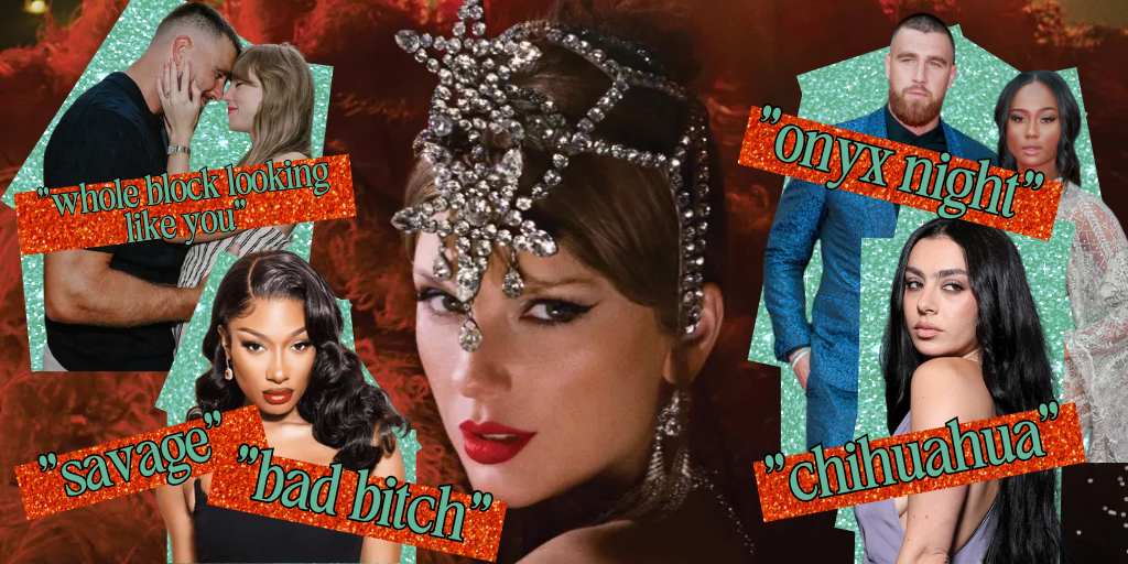 Taylor Swift in showgirl garb is surrounded by pictures of Travis Kelce with Swift, Kelce with Kayla Nicole, and Charli XCX.