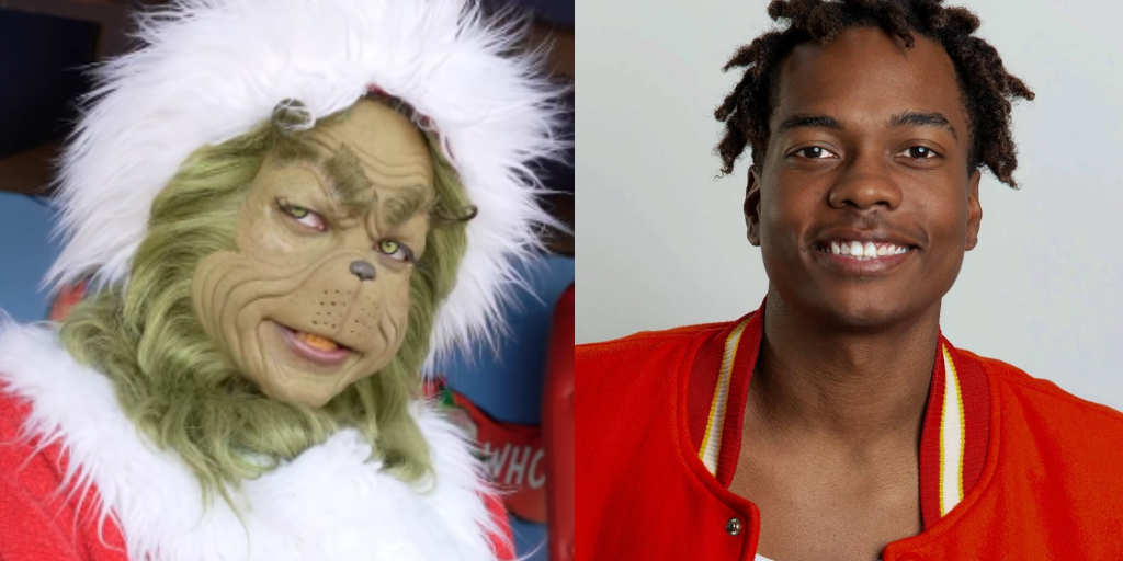 Nick Darnell in both Grinch makeup and in a professional headshot.