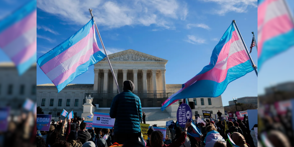 Groups from both sides of the debate gathered on on January 13, 2026 in Washington, DC to protest while two cases that prohibit transgender girls from joining girls' and women's sports teams are heard inside the Supreme Court. (Heather Diehl/Getty Images)