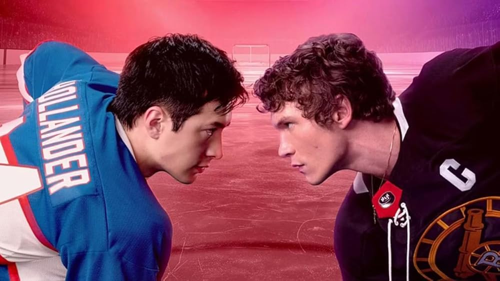 Hudson Williams and Connor Storrie in character face off in hockey attire.