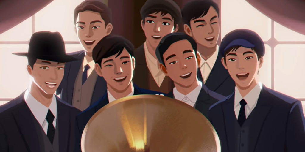 A screenshot from BTS's Arirang teaser showing seven Korean students singing Arirang at Howard University.