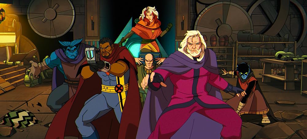 Bishop, Rogue, Professor X, Magneto, and Nightcrawler take fighting stances.