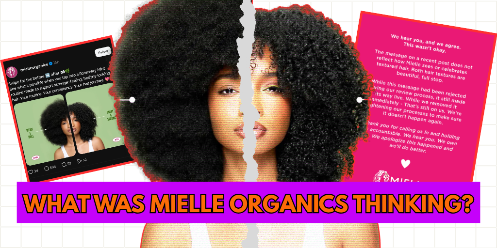 An graphic showing Mielle Organics' now-deleted advertisement and their apology.